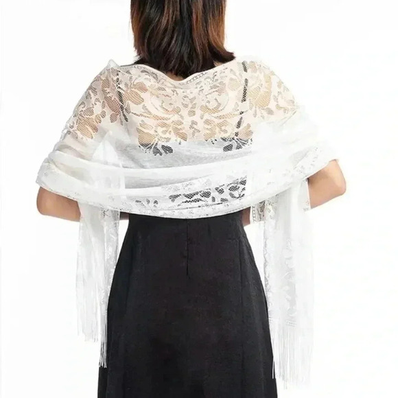 Lace Shawl White Evening Dress Party Dinner Shawl Coverup Lace Floral - Picture 1 of 4